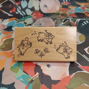 3 Spring Lambs jumping over flowers Rubber Stamp counting sheep